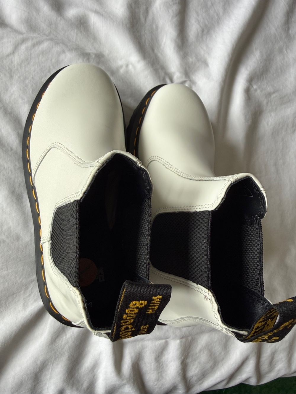 Dr. Martens White Leather Platform Chelsea Boots with Yellow Stitching - Picture 3 of 3
